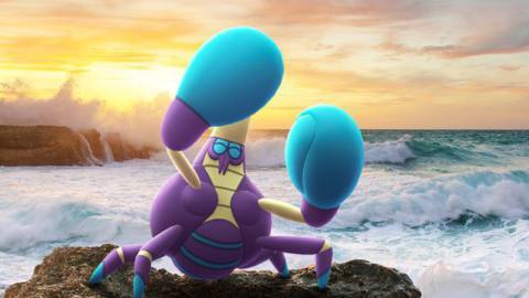 A Crabrawler happily raises its fists on the rocks by the water