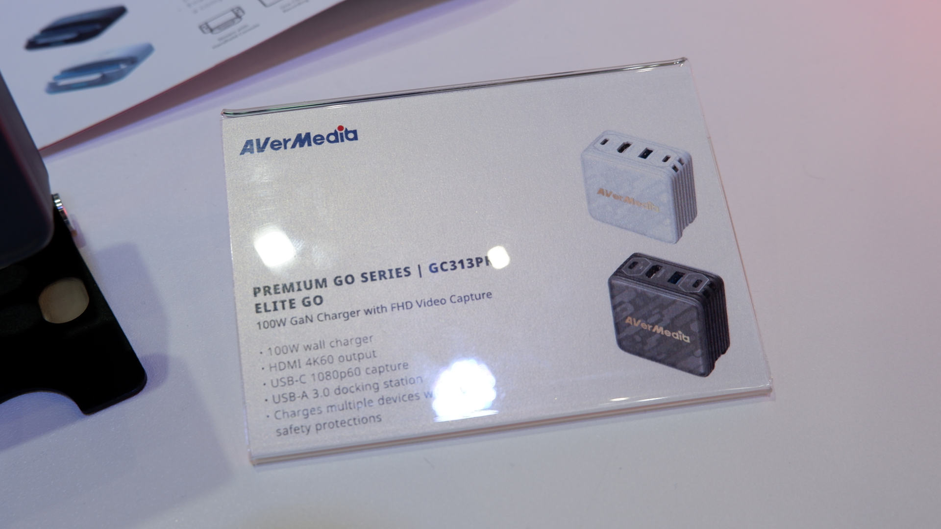 Photo of the Avermedia Premium Go series of GaN chargers, with HDMI 4K output, USB hub, and 1080p capture in the Elite Go