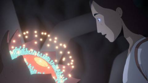A woman staring at a strange alien flower blossoming with glowing buds in Scavengers Reign.
