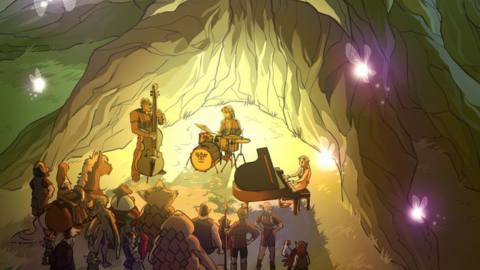 An illustration of a jazz trio composed of Link, Zelda, and Ganondorf, playing before an audience of Zelda characters before the Great Deku Tree