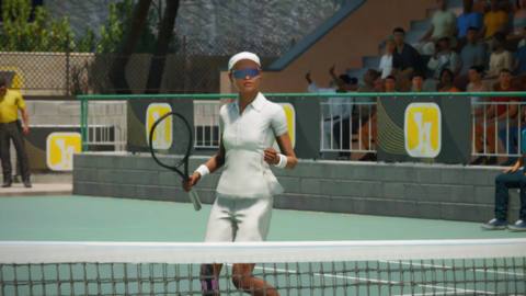 Tashi Duncan from Challengers, but in TopSpin 2K25, celebrating after winning a point