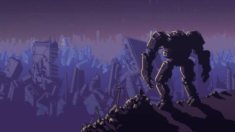 Into the Breach art depicting a mech and its pilot looking over the wreckage of an Earth city