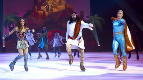 Ice skater versions of Maeve, Jesus Christ, and Homelander in the “Let’s Put the Christ Back in Christmas” parody from The Boys