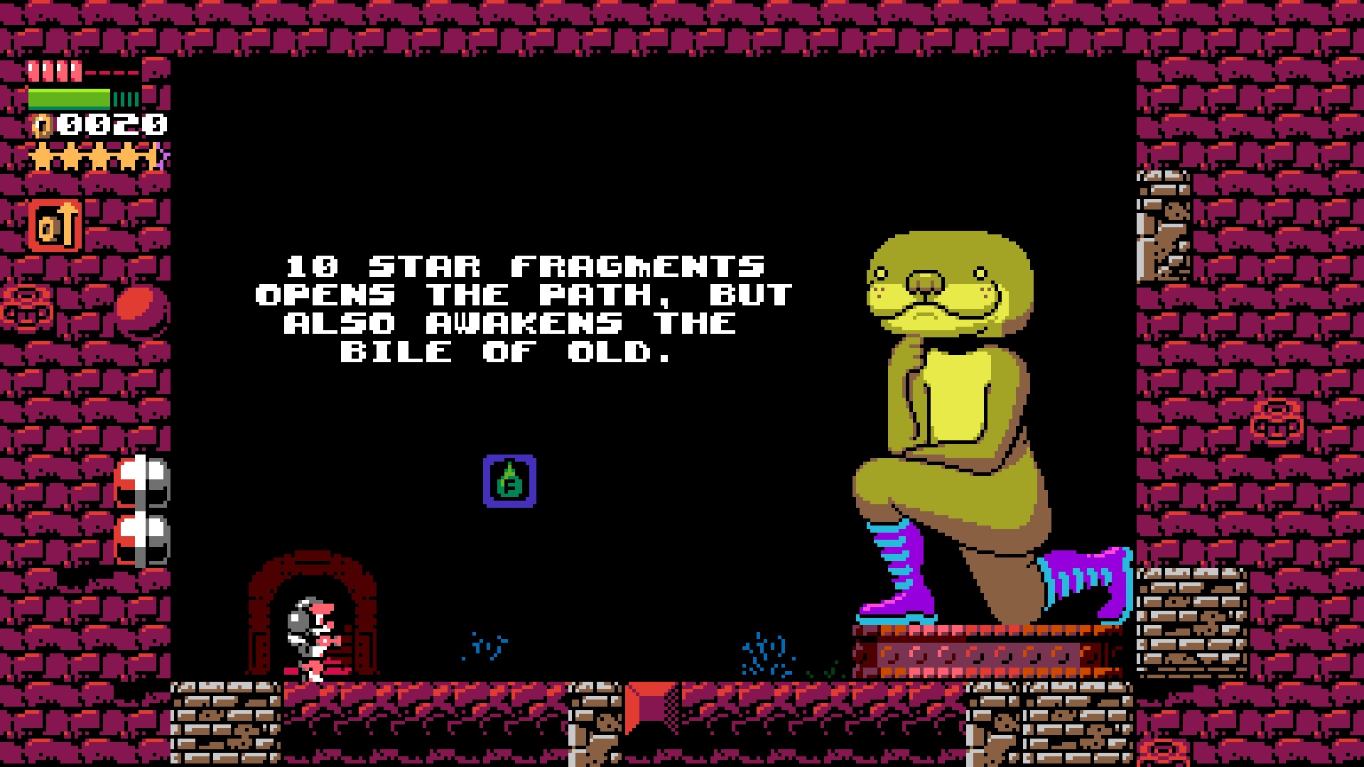A megaman style platformer where the main character is talking to a giant otter