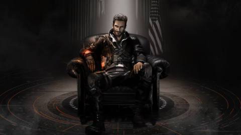 Key art for The Division’s new season, depicting Aaron Keener lounging arrogantly in a chair. The chair is in a room reminiscent of the Oval Office. Keener is a white man with brown hair and a beard, wearing a jacket, and holding a futuristic pistol.