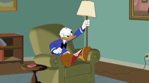 Donald Duck tries to pull the chain of a lamp that won’t go on in DIY Duck short