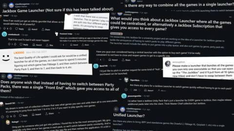 A collage of social media comments from different platforms asking Jackbox Games to add a megapicker or central client to the game — which was announced today.