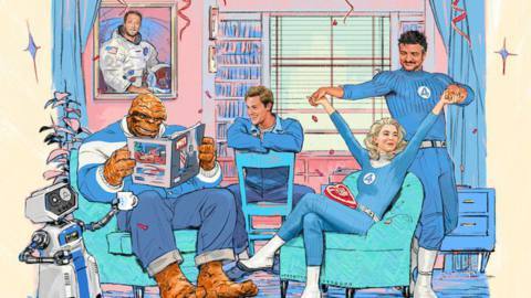 Artwork of the Fantastic Four movie, featuring illustrations of The Thing, Johnny Storm, Sue Storm, Reed Richards, and HERBIE the robot.