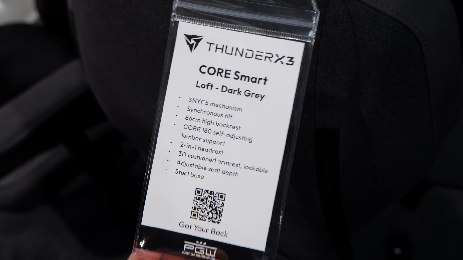 A photo of a specifications tag for the ThunderX3 Core Smart gaming chair, on display at Computex 2024