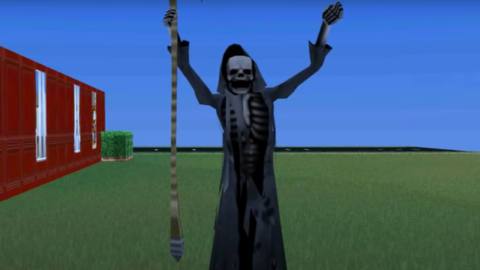 The Sims Grim Reaper with his arms up in the air, like he’s celebrating.