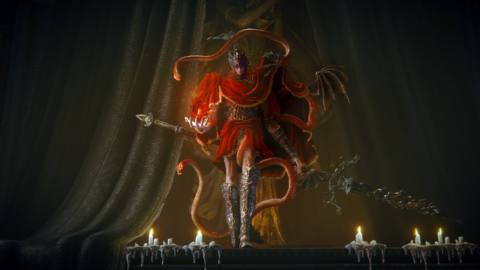 Miquella stands in front of curtains in key art for Elden Ring Shadow of the Erdtree DLC.