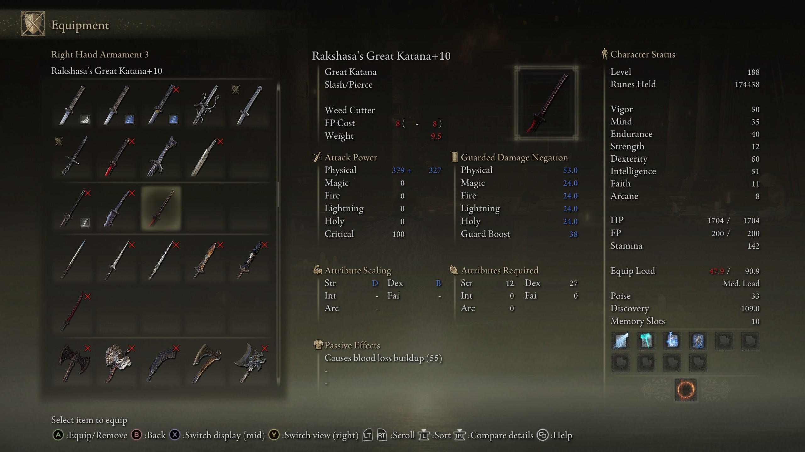 Elden Ring: Shadow of the Erdtree gameplay showing off the stats and location of Rakshasa's Great Katana, the best Great Katana in the DLC