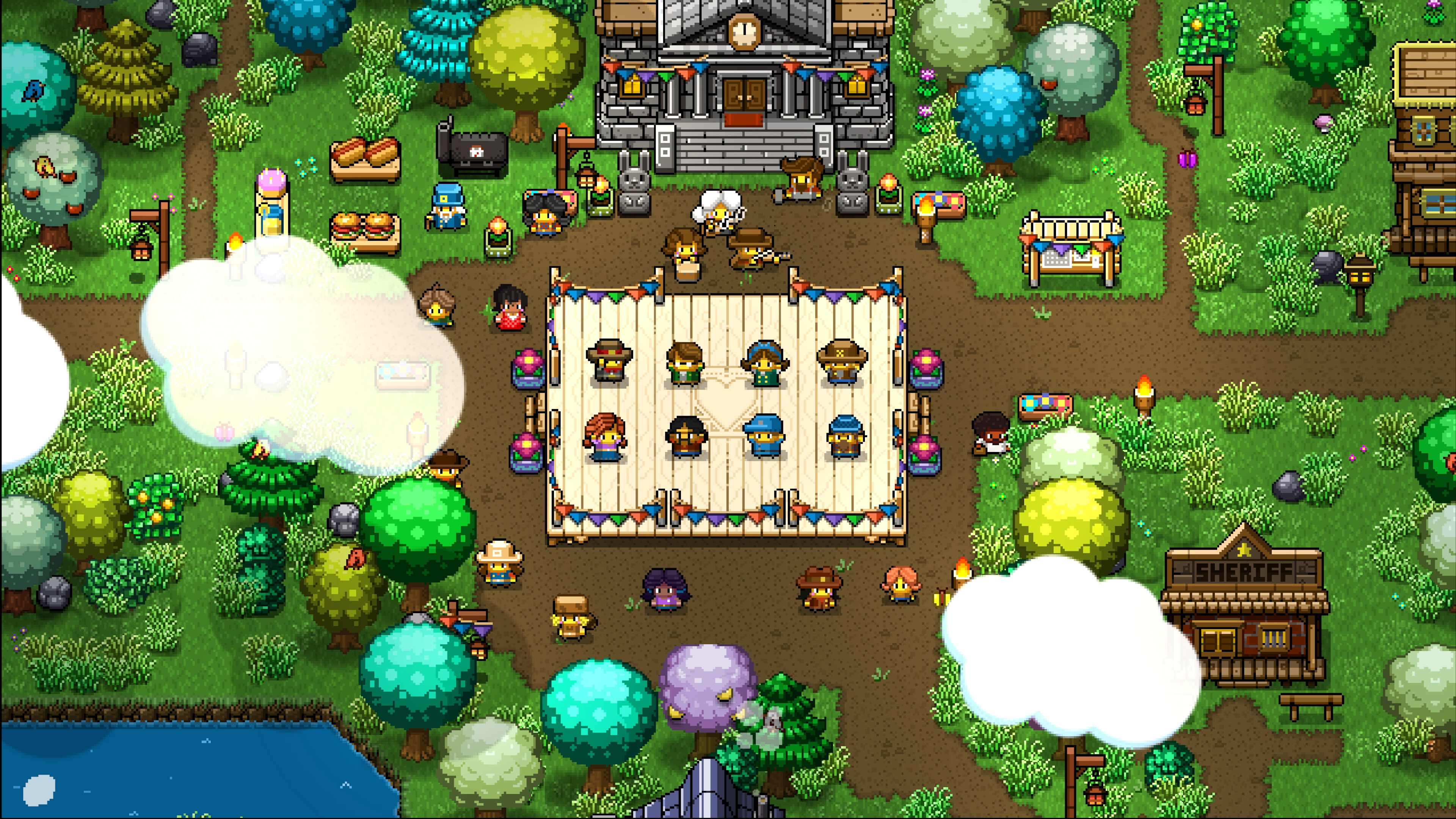 A pixel art frontier town