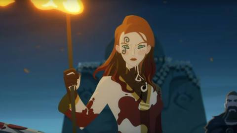 Sigrid from Zack Snyder’s Netflix series Twilight of the Gods stands in the snow with a torch