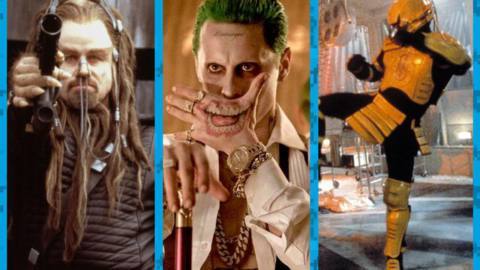 A collage of John Travolta in Battlefield Earth, Jared Leto in Suicide Squad, and Cyrax in Mortal Kombat: Annihilation