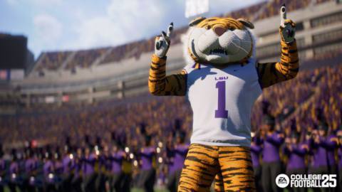 LSU’s mascot Mike the Tiger points up into the air in a screenshot from EA Sports College Football 25