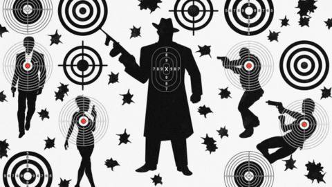 a collage of illustrated assassins surrounded by bullet holes and targets