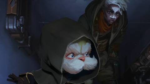 in a scene from Arcane season 2, Heimerdinger, a small furry Yordle with a dramatic mustache and eyebrows, is cloaked and looking down a hallway. Ekko, a young man with white dreads and an hourglass painted on his face, trails behind.