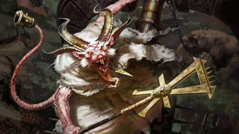 A bipedal, horned rat-like beast known as a Skaven snarls menacingly at the camera with long, yellow teeth and angry red eyes. He is holding a staff in one hand.