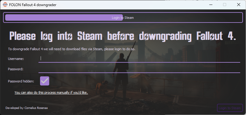 The Fallout 4 Downgrader asking for Steam login permissions.