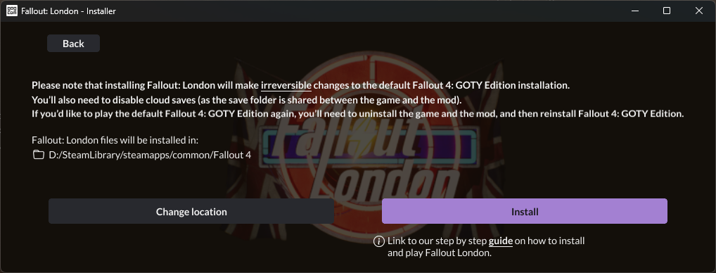 Selecting the Fallout 4 directory for the Fallout: London installer.