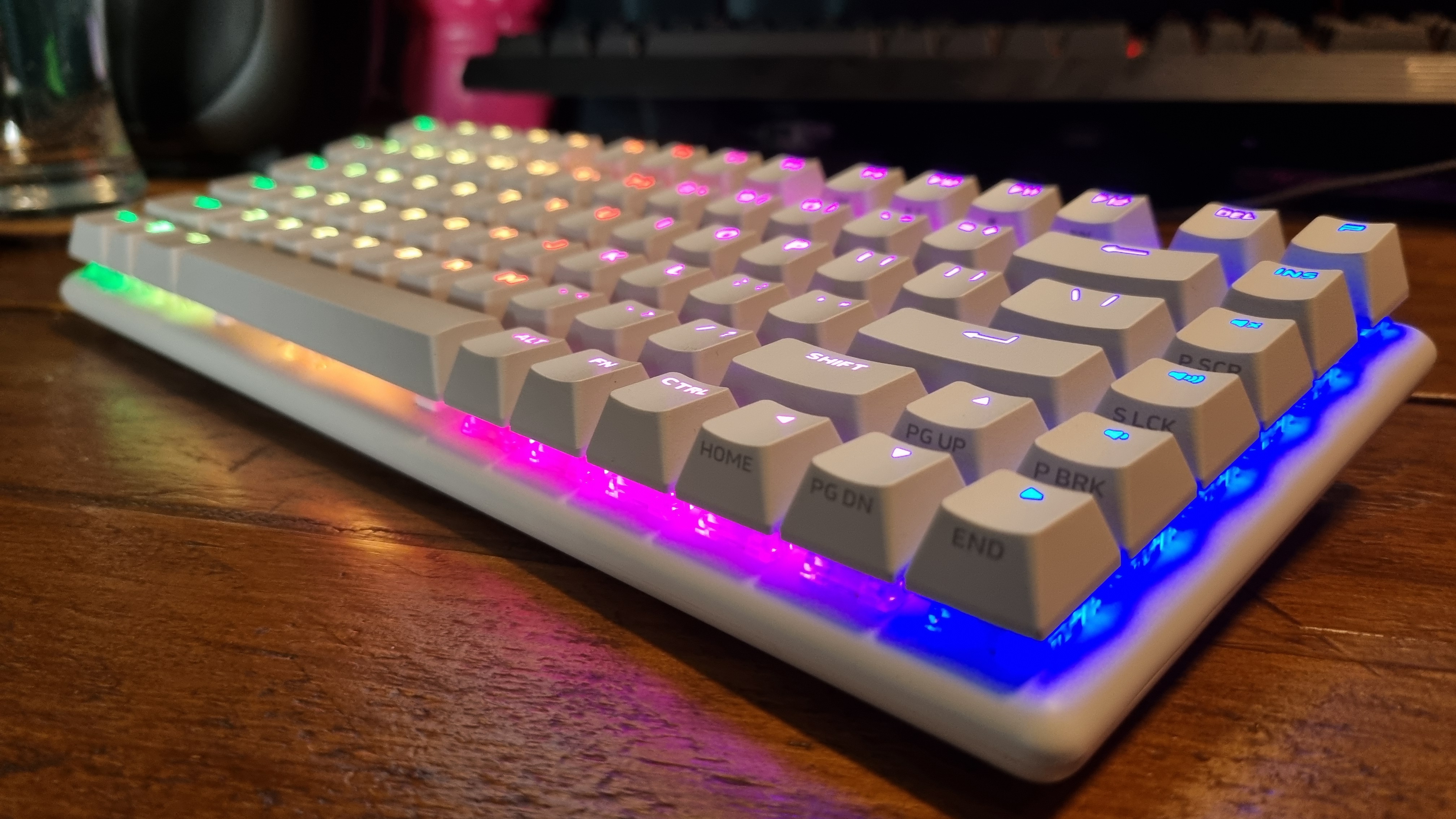 A side angle view of the RGB lighting of the Alienware Pro Wireless Gaming Keyboard