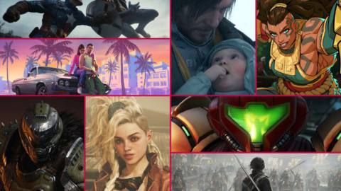 A collage of various video game screenshots and artwork, including images from Death Stranding 2, Doom: The Dark Ages, Metroid Prime 4: Beyond, Monster Hunter Wilds, Marvel 1943: Rise of Hydra, 2XKO, Grand Theft Auto 6, and Dynasty Warriors: Origins