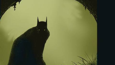 Batman crouches spookily in a mossy archway, his cape obscuring his silhouette, against a sickly green background.