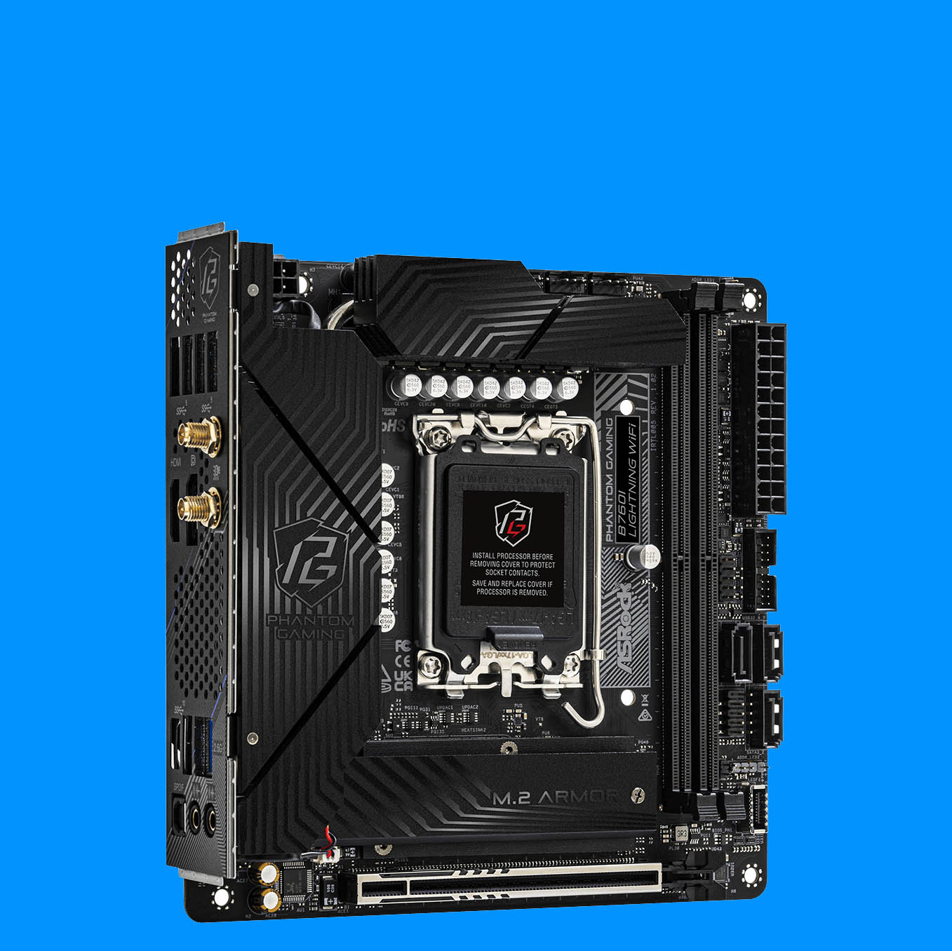 ASRock B760i Lightning WiFi on a blue background