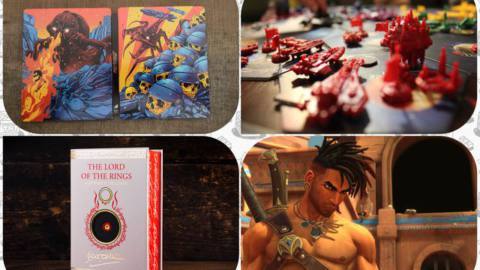 Four images consisting of The Lord of the Rings Illustrated Edition, a screenshot from Prince of Persia: The Lost Crown, the collector’s edition steelbook for Starship Troopers, and a lifestyle shot of Twilight Imperium Fourth Edition