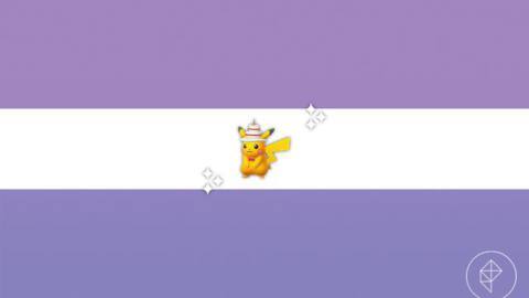 A Pikachu with a cake hat on a purple gradient background