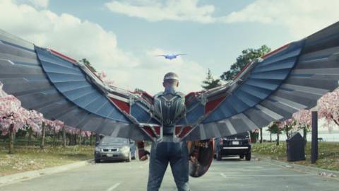 Sam Wilson/Captain America extends his Falcon flight suit wings as he prepares to pursue a jet in a still from the Captain America: Brave New World teaser trailer