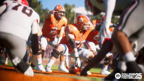 The Clemson Tigers quarterback, under center, points to call out something he has recognized in the defense in a screenshot from EA Sports College Football 25