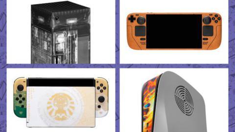 A collage of Dbrand products including Clone of the Kingdom Switch, X-Ray Xbox, Darkplate PS5, and leather-clad Steam Deck