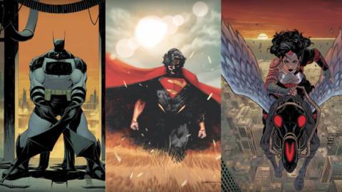 Cover art for three Absolute Universe comics, featuring Batman, Superman, and Wonder Woman. Batman has a costume with strange bat claws, Superman has long hair and walks through a field of gold grass, and Wonder Woman rides a black pegasus.