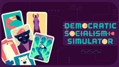 Democratic Soicialism Simulator logo with several character cards including the peacock, the panther, the eagle, the polar bear, the horse, and the flamingo.
