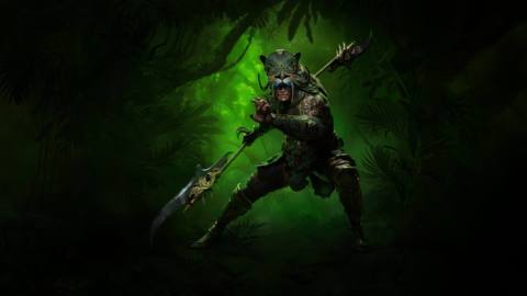 A Spiritborn stands in the jungle wielding a large glaive in Diablo 4: Vessel of Hatred