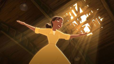 Tiana from The Princess and the Frog, in a short-sleeved yellow dress, dances and sings under the broken roof of a building she plans to remake as her own café, with bright beams of sunlight falling on her from above
