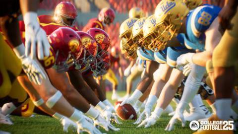 looking down the line of scrimmage in a game between USC and UCLA in a screenshot from EA Sports College Football 25