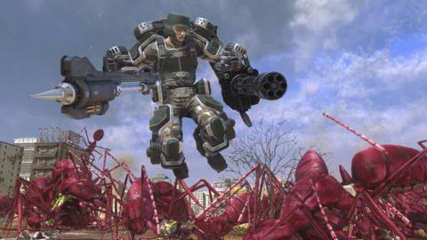 A soldier unleashes weapons on a horde of giant ants in Earth Defense Force 6.