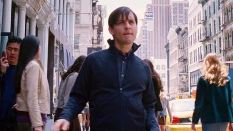 Emo Peter Parker (Tobey Maguire) dances down the street in Spider-Man 3