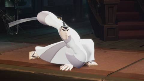 A screenshot of Samurai Jack crouched, with his sword drawn, from MultiVersus