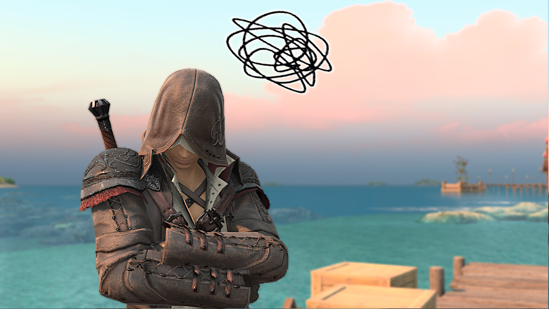 A viper in Final Fantasy 14: Dawntrail looking utterly perplexed, hood down, while stood on a beautiful sunrise overlooking a crystal blue sea.