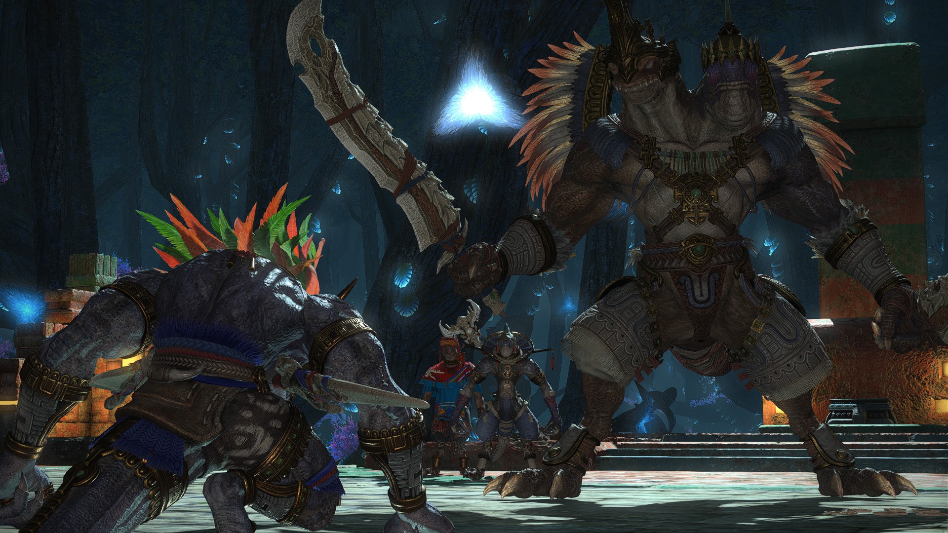 Zoraal Ja kneels before a shade of his father in Final Fantasy 14: Dawntrail.