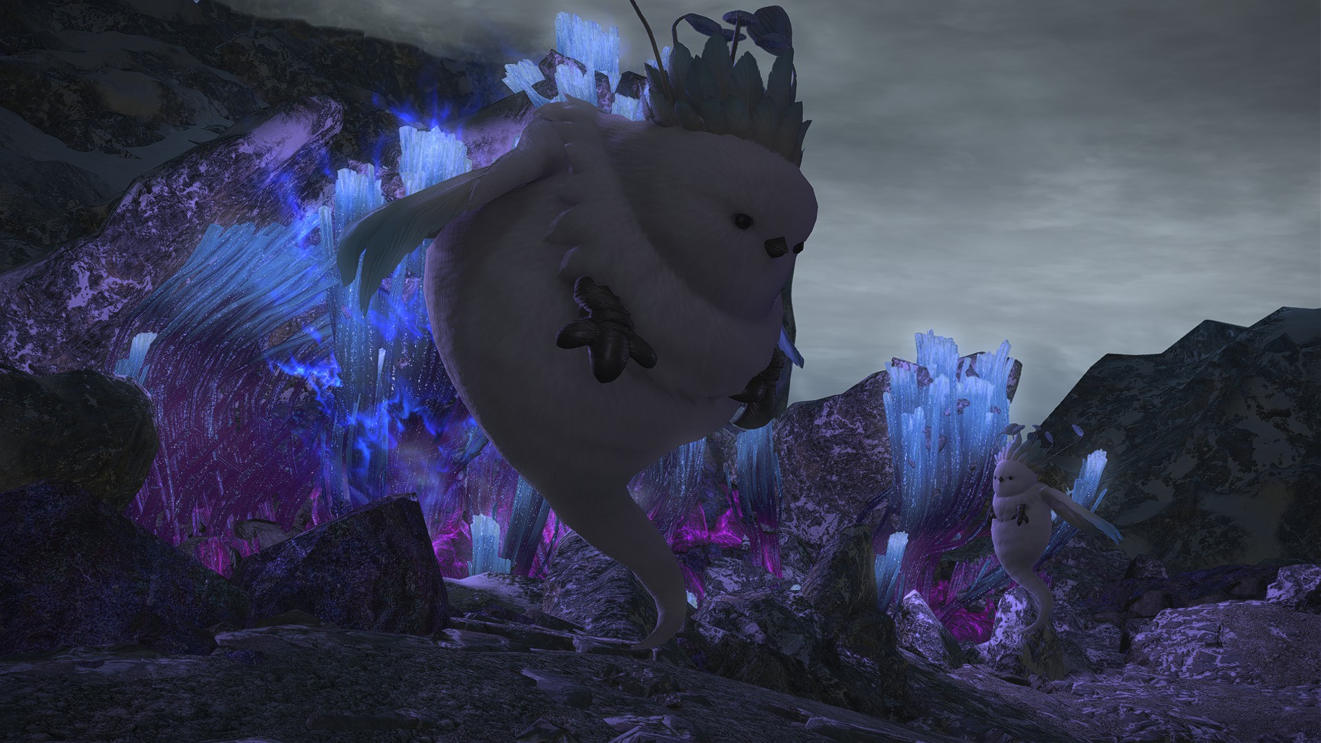 A cute critter in a mountain range dungeon featured in Final Fantasy 14: Dawntrail floats, surrounded by magic crystals.