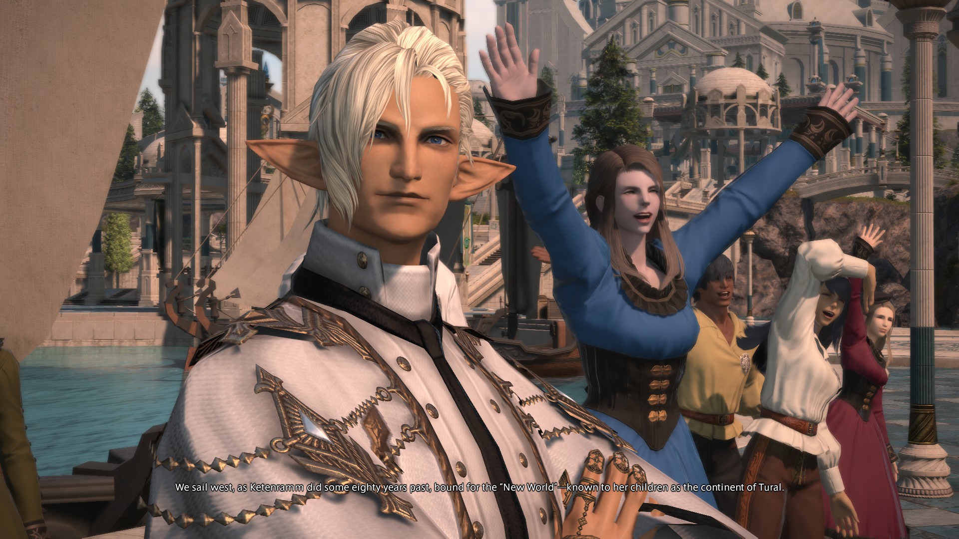 Forchenaut sees off his children and the Warrior of Light as they depart from the docks in Final Fantasy 14: Dawntrail.