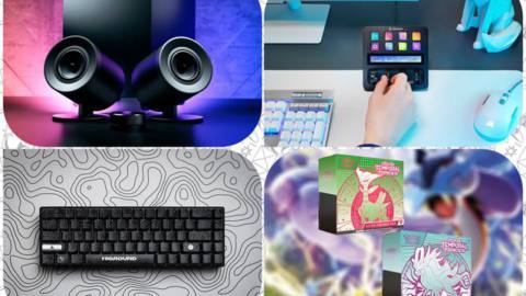 Product photos of a gaming keyboard, Razer speaker set, the Elgato Stream Deck Plus, and a pair of Pokémon TCG Elite Trainer Boxes