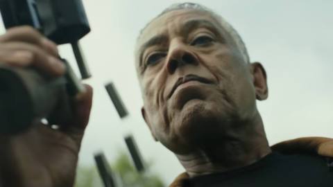 Giancarlo Esposito’s character in Captain America: Brave New World looks down his nose grimly as he ejects a rain of spent shells from his gun.