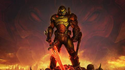 Doomguy stands atop a pile of demon corpses wielding a glowing sword in artwork from Doom Eternal