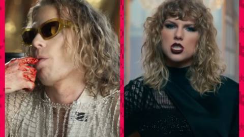 An image of Lestat, a blonde vampire played by Sam Reid, licking his bloody fingers, juxtaposed with Taylor Swift in her “Look What You Made Me Do” music video where she look edgy and angry